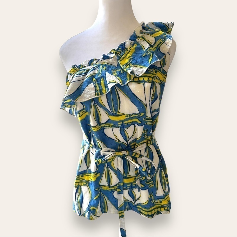 Lilly Pulitzer Janine Top Docksider Print one shoulder asymmetrical vacation S - Picture 2 of 9